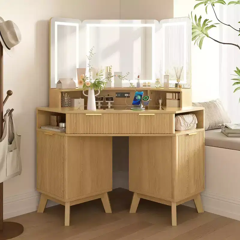 GDFStudio Madison Modern Wood Corner Makeup Vanity Desk with Lighted Mirror and Charging Station