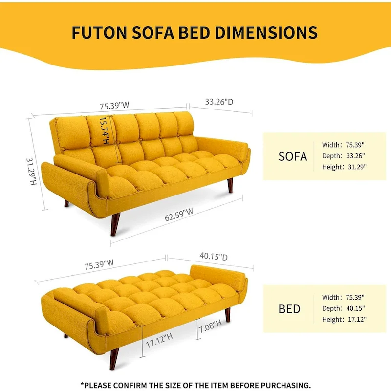 75.39 IN. Futon Sofa Bed, Convertible Upholstered Couch Sleeper with Reclining Sleeper Split Tufted Back