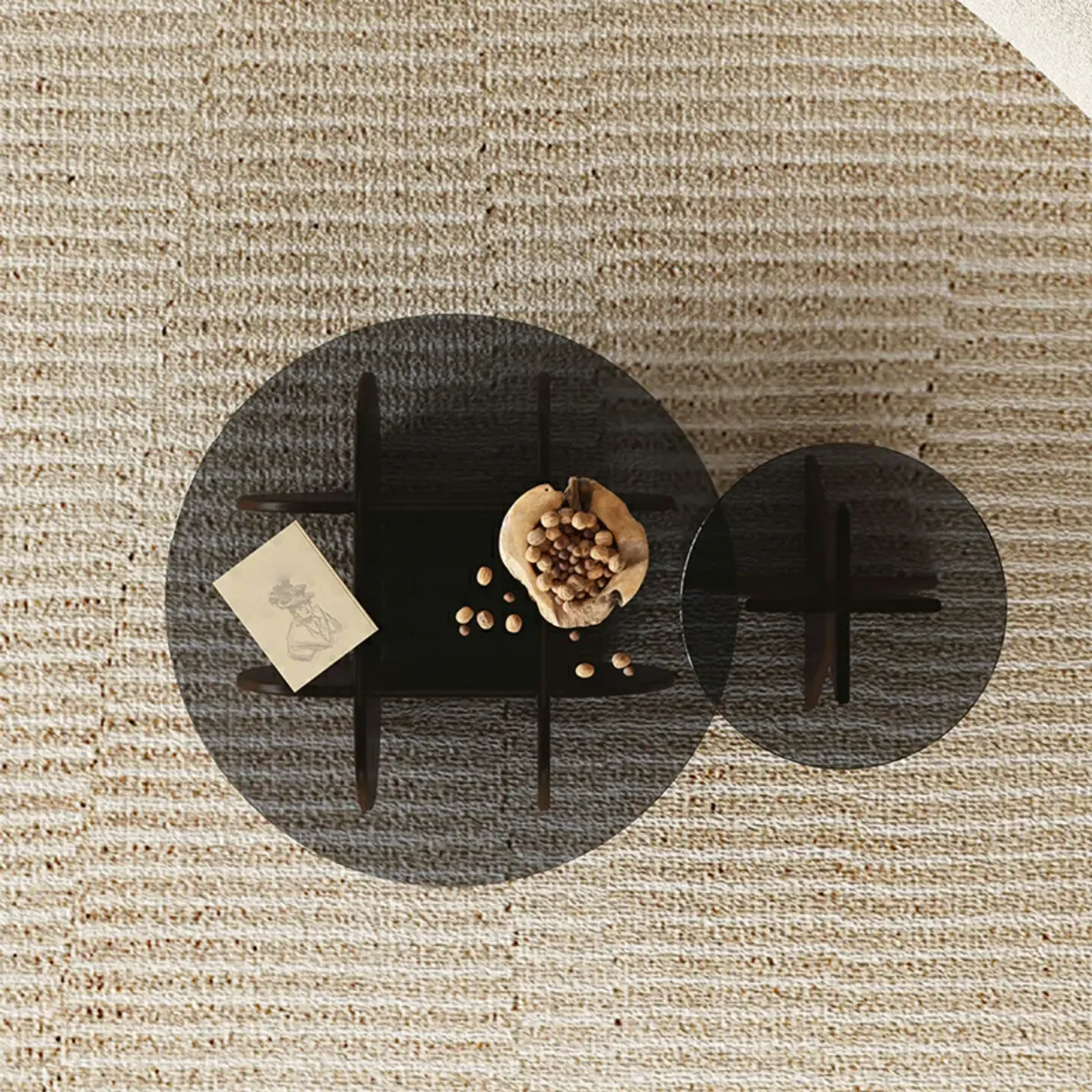 Brown Round Glass Top Wood Geometric X-Base End Table