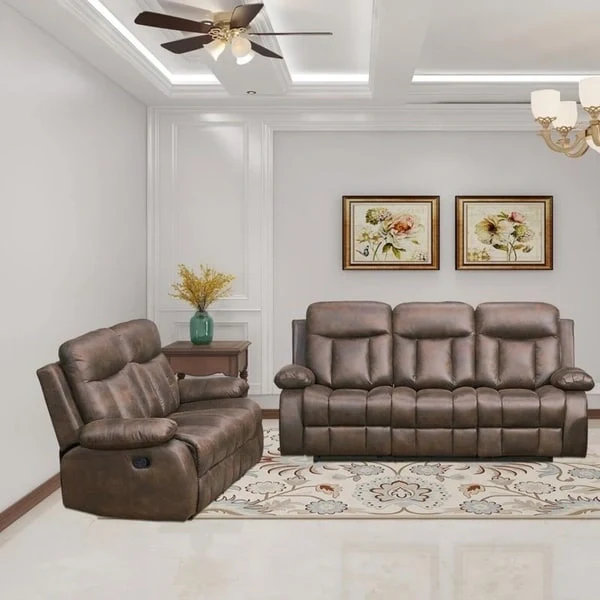Brown Microfiber 2-Piece Reclining Loveseat with One Motion Sofa One Motion Loveseat Living Room Set - N/A