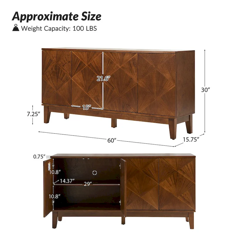 Ofelia Mid-century 60  Wide Geometric Patterned Sideboard with Adjustable Shelves by HULALA HOME