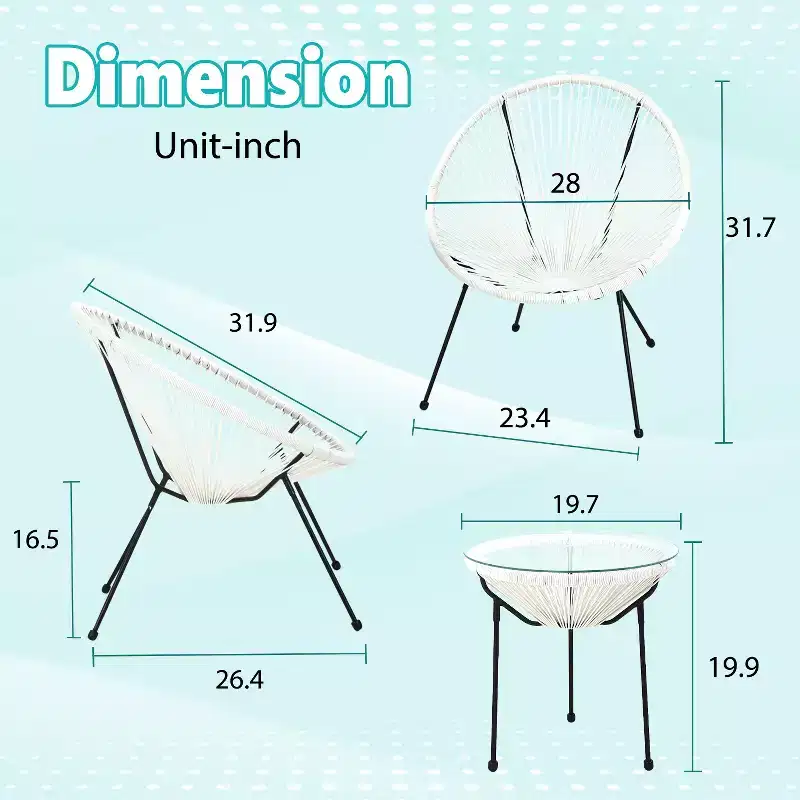 FDW 3 Piece Patio Bistro Set Acapulco Chair Set Stylish and Comfortable Patio Seating with Glass Table Outdoor Furniture Set for Patio Balcony, White