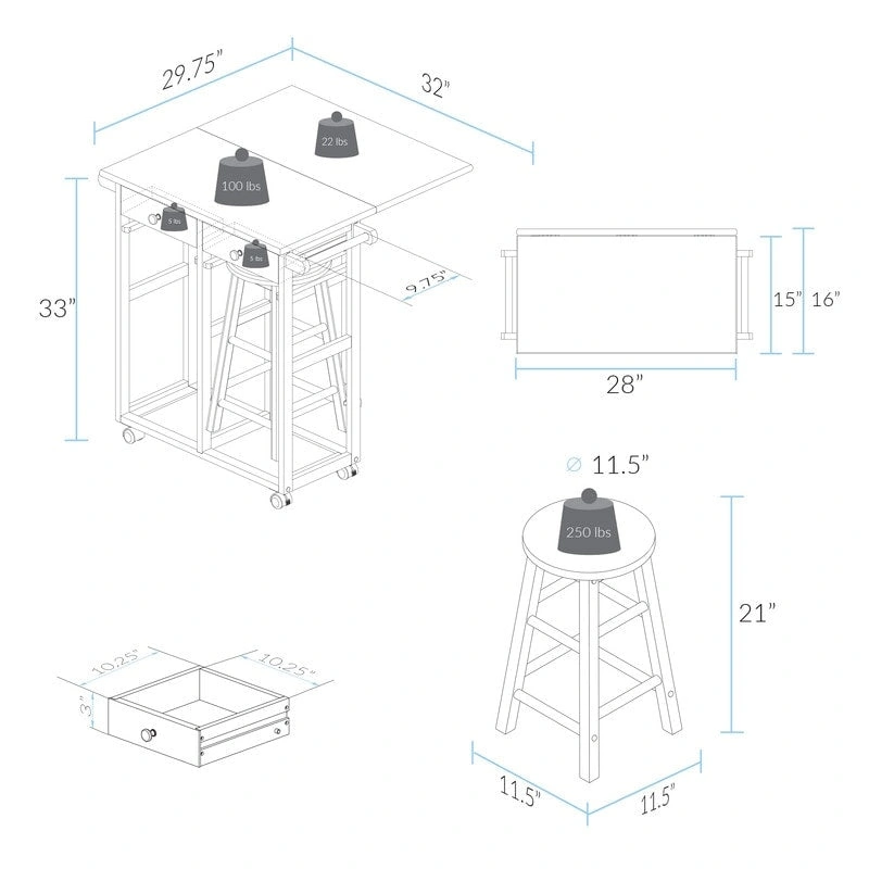 Wooden Breakfast Cart with Drop-Leaf Table, American Maple Top - N/A