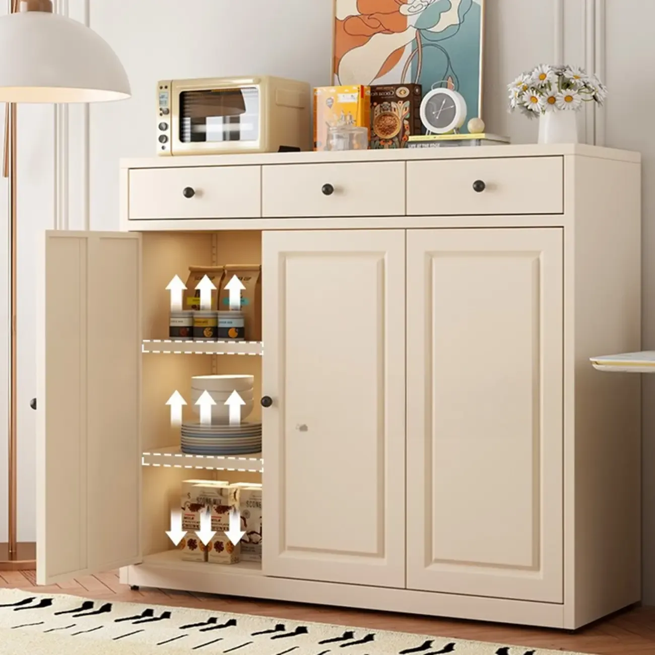 Narrow Metal White Buffet Cabinet with Drawer