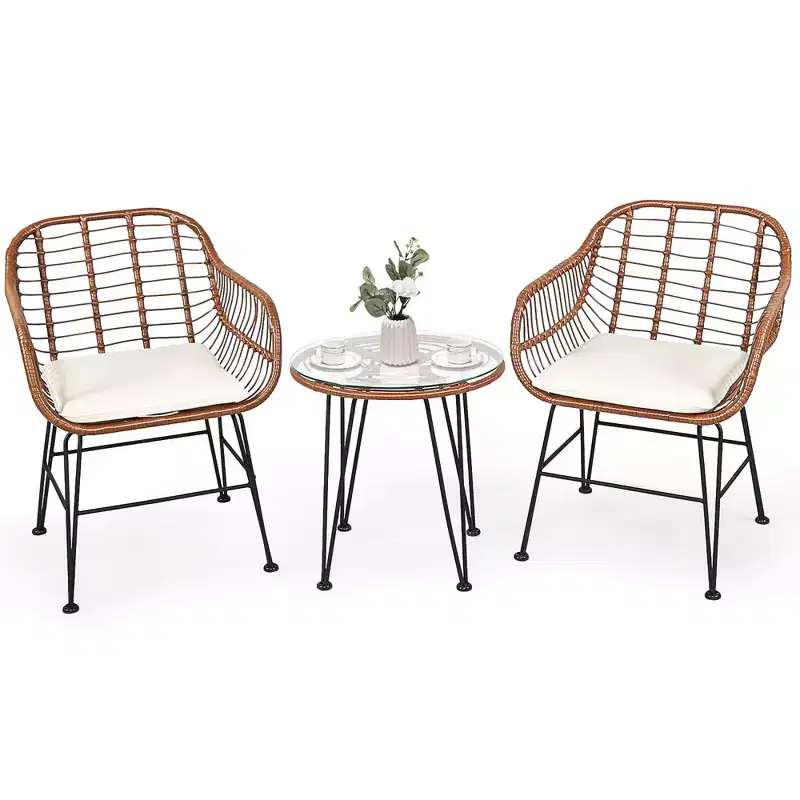 Costway 3PCS Patio Rattan Bistro Set Coffee Table Armchair Garden