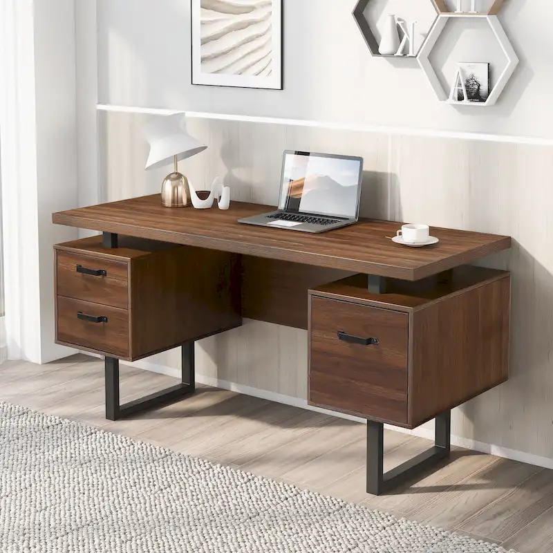 Modern Walnut Desk with 3 Drawers and Hanging File Storage and Waterproof 27 inch Surface for Home Office or Small Workspaces