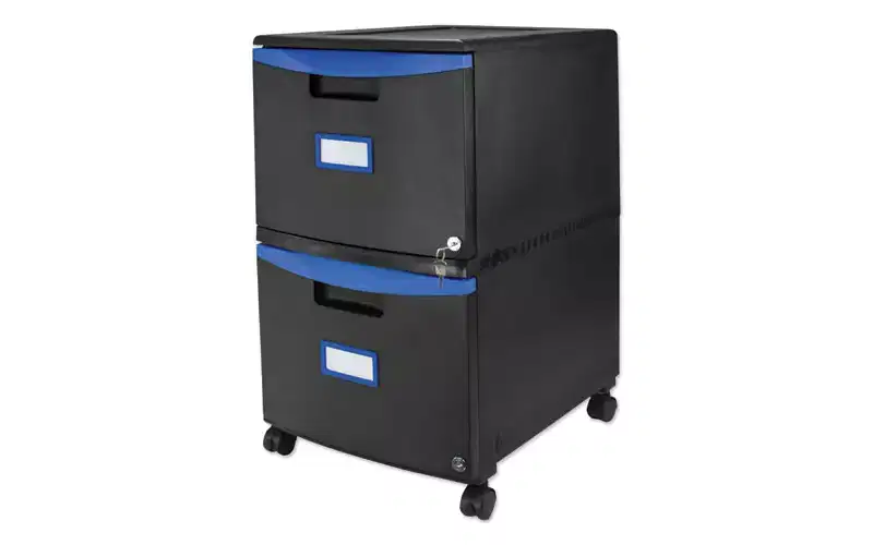 Storex Two-Drawer Mobile Filing Cabinet, 2 Legal/Letter-Size File Drawers, Black/Blue, 14.75 x 18.25 x 26