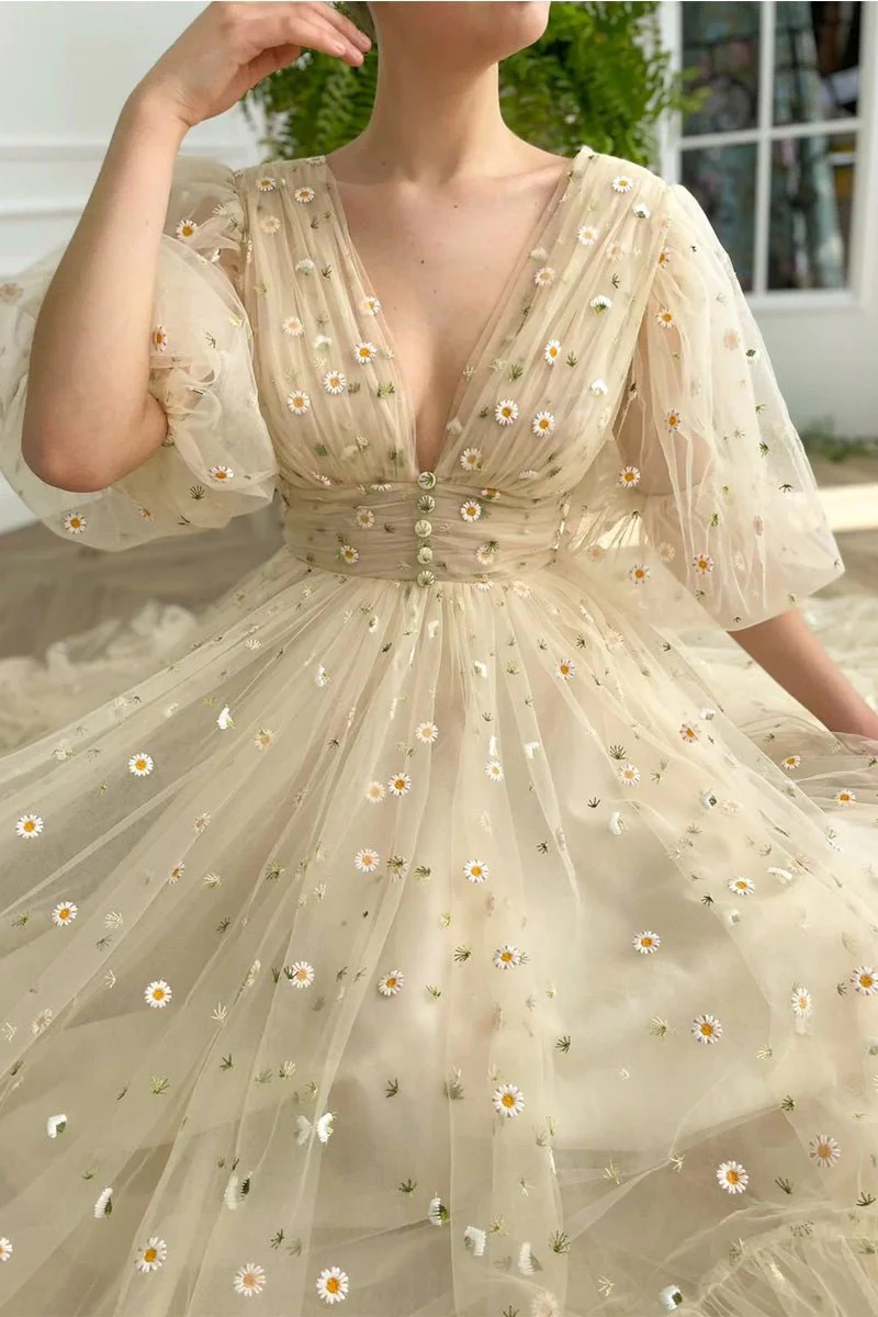 A-line V Neck Sea of Daisies Dress Engagement Ankle Length Half Sleeve Tulle with Buttons Pleats