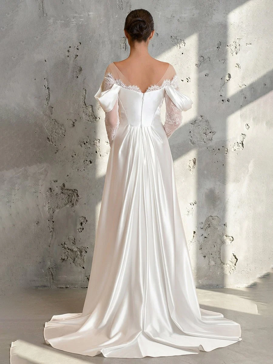 Mermaid Off-the-Shoulder Satin Lace Wedding Dress with Slit