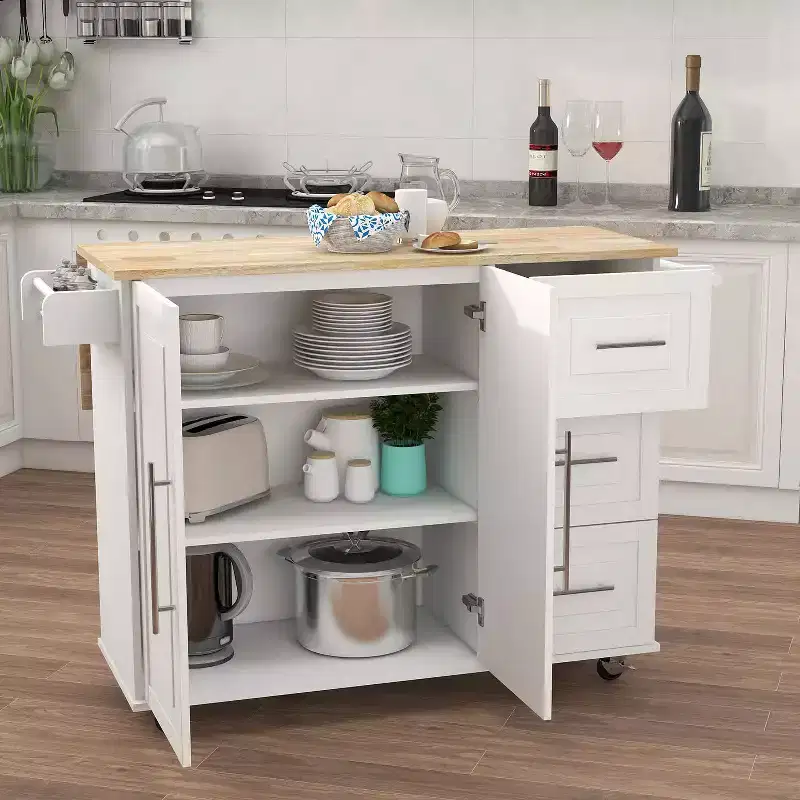 MAYEERTY White Kitchen Island, Extensible Solid Wood Top Spice Rack Towel Rack