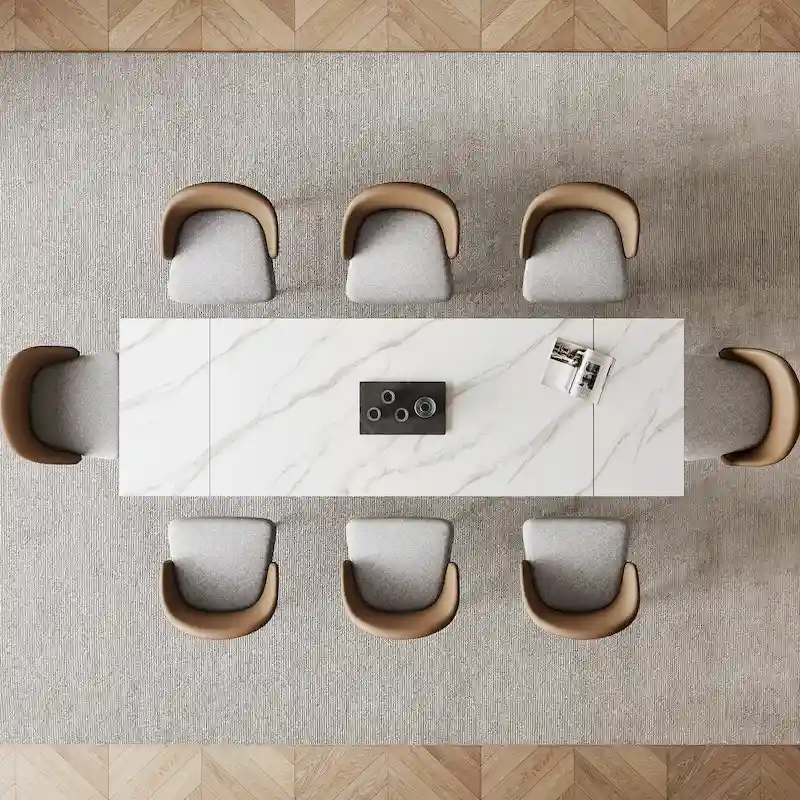 9 - Piece 94.48  Rectangular Extendable Sintered Stone Dining Table with 8 Faux leather Chairs Dining Set