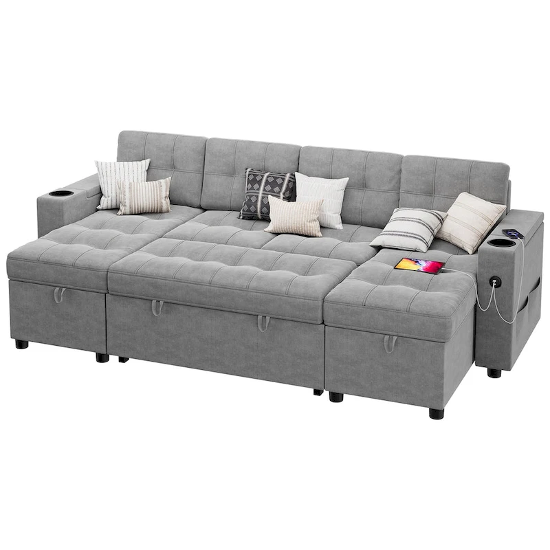 U-Shaped Sectional Sofa with Double Chaise,2 in 1 Pull Out Couch Bed,U-Shaped Sofa Couch Bed,Sleeper Sofa with Pull Out Bed