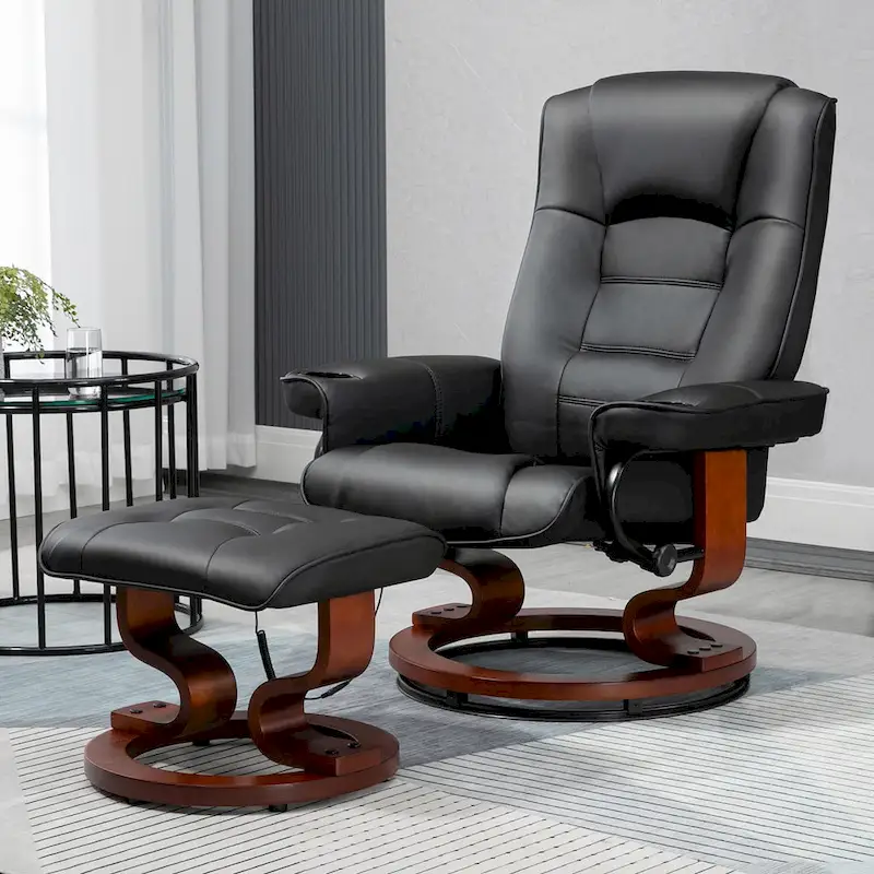 Black / Beige PU Leather Massage Recliner Chair with Ottoman & 360° Swivel - Single Use