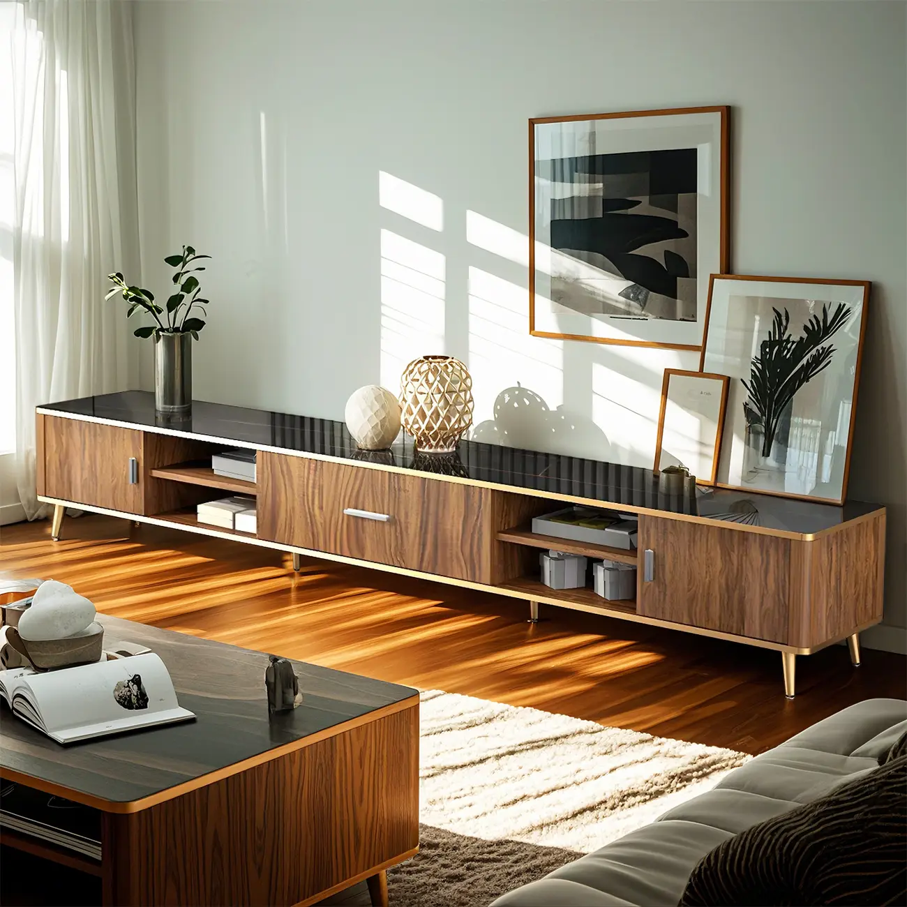 87 Glam Brown Stone Top Solid Wood Open Shelf TV Stand