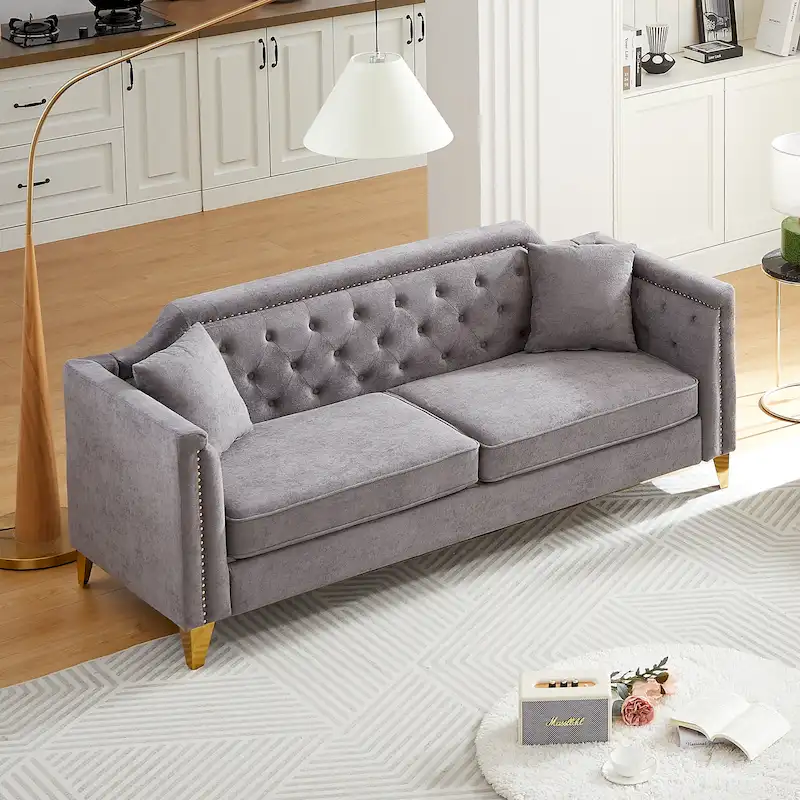 Grey 61.5  Chenille 3-Seater Tufted Sofa with Copper Nail Arms, 2 Pillows