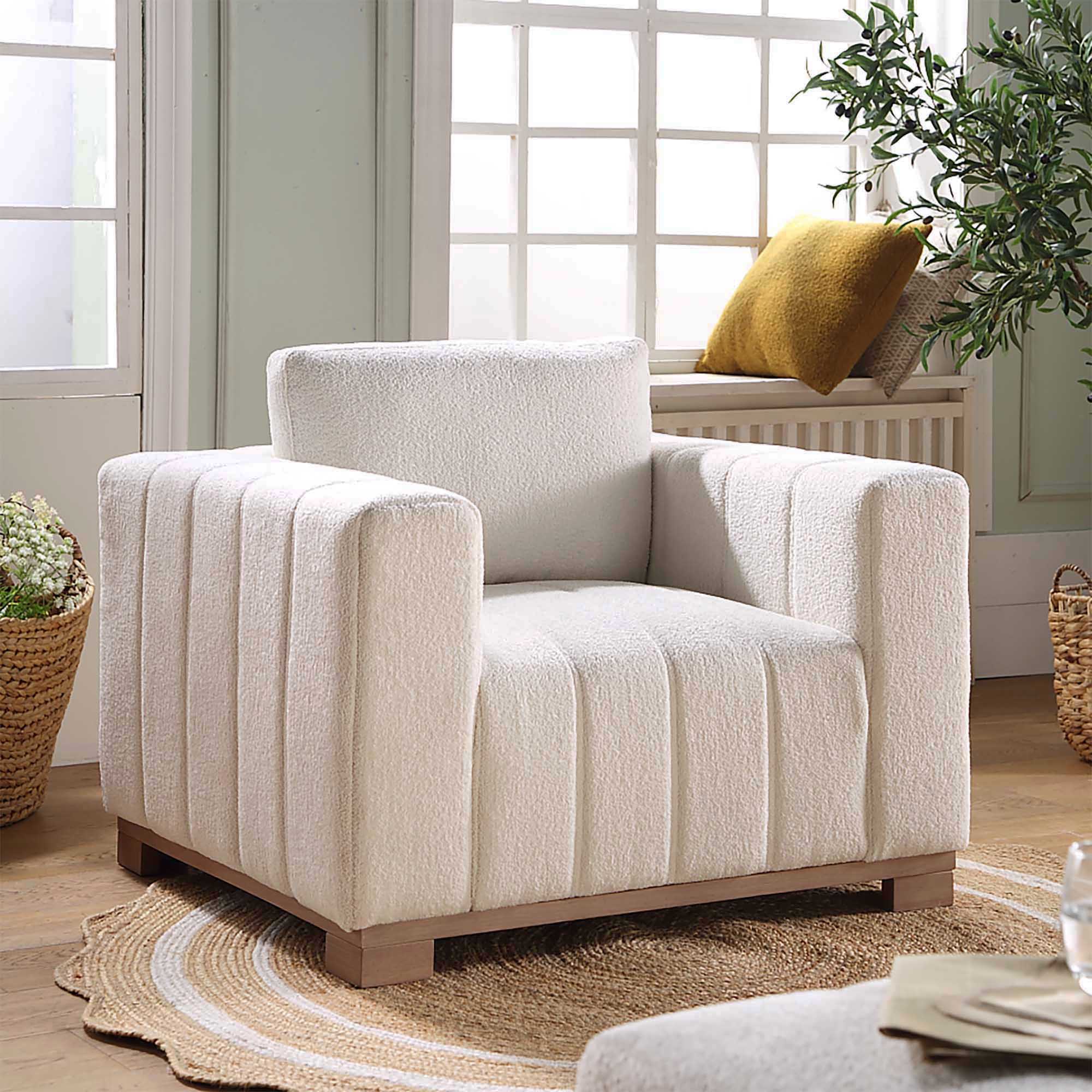 Beige Boucle Sofa with Wooden Base, 1-Seater