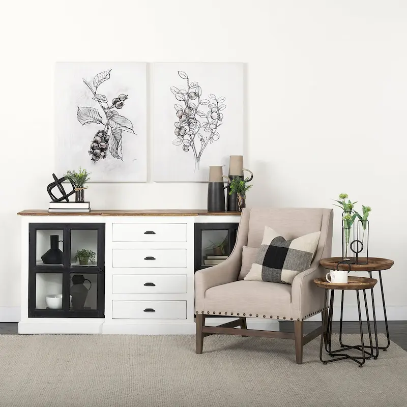 White & Black Sideboard with Brown Wood Top – 2 Glass Cabinets & 4 Drawers