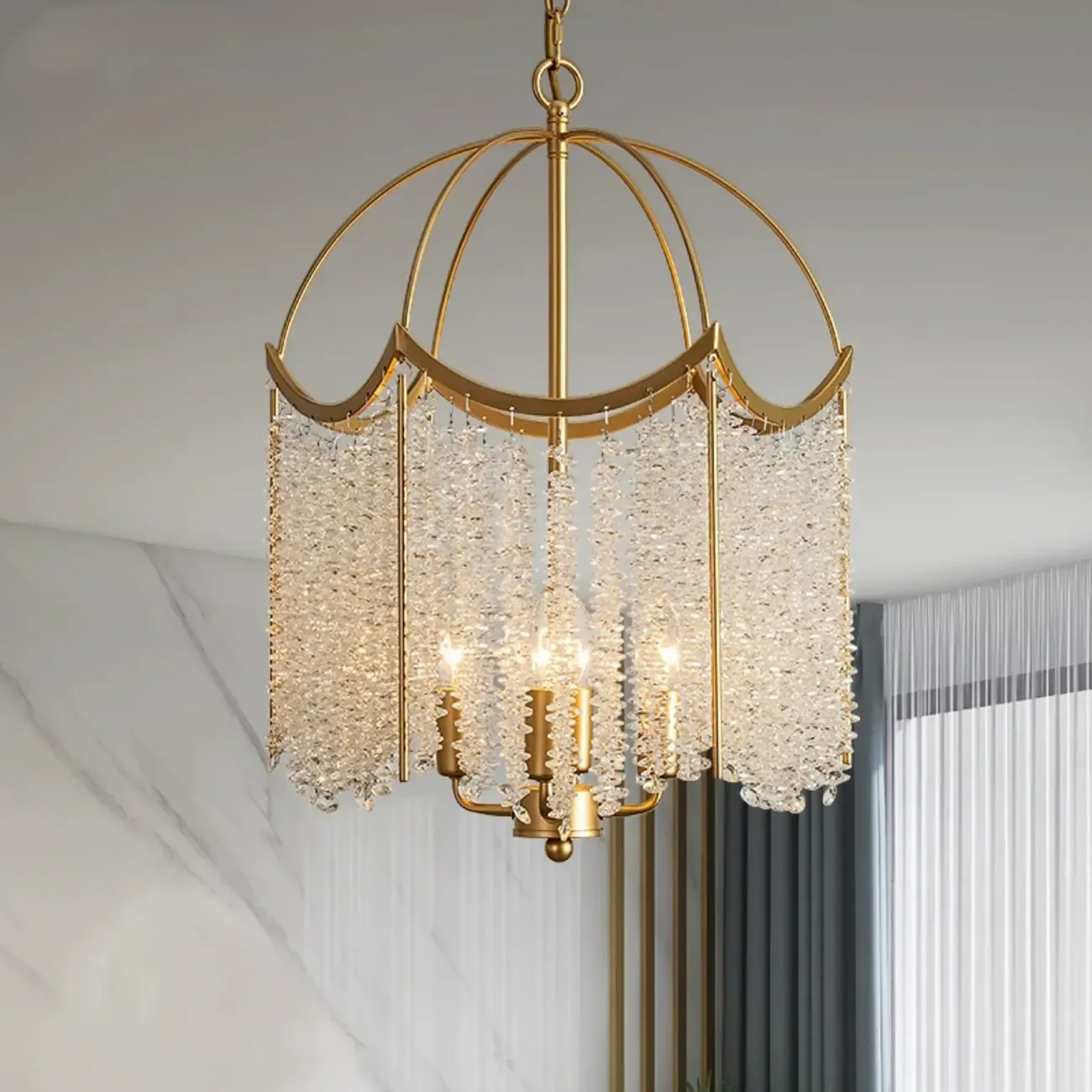 Chic Gold Caged Crystal Tassel Chandelier
