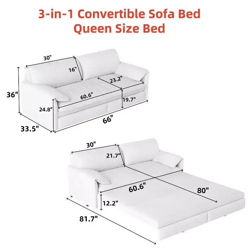 FurnitureR 3-in-1 Convertible Sofa Bed, Extendable Sleeper Couch with Pull-Out Queen Bed, Space-Saving Sofa for Living Room, Apartment or Guest Room