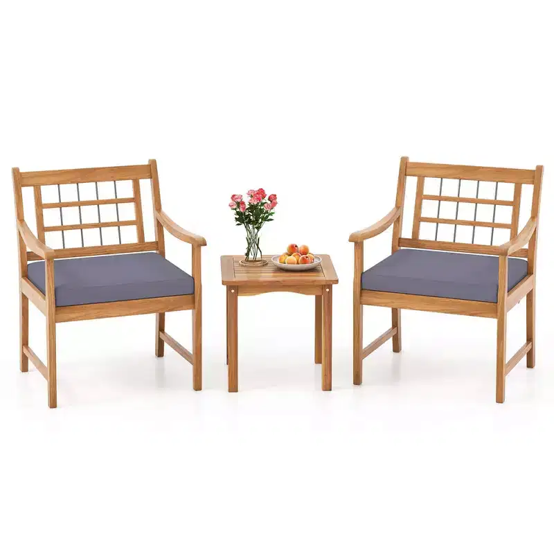 Costway 3 Pieces Acacia Wood Patio Bistro Set Outdoor Conversation Set with Cushions Off White/Gray/Navy