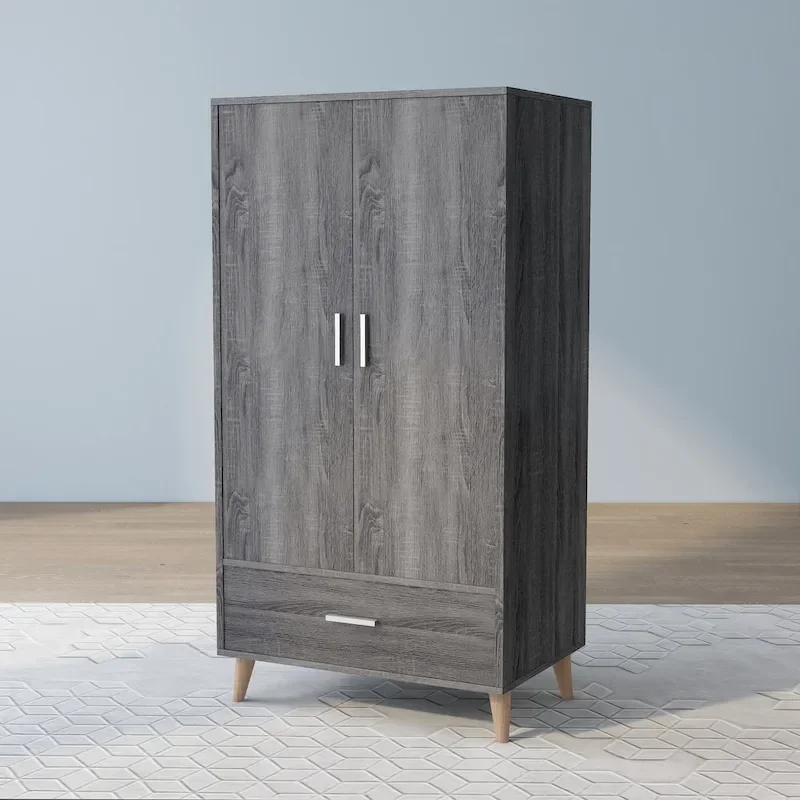 Mid-Century Modern Distressed Grey 1-Drawer Wardrobe Armoire