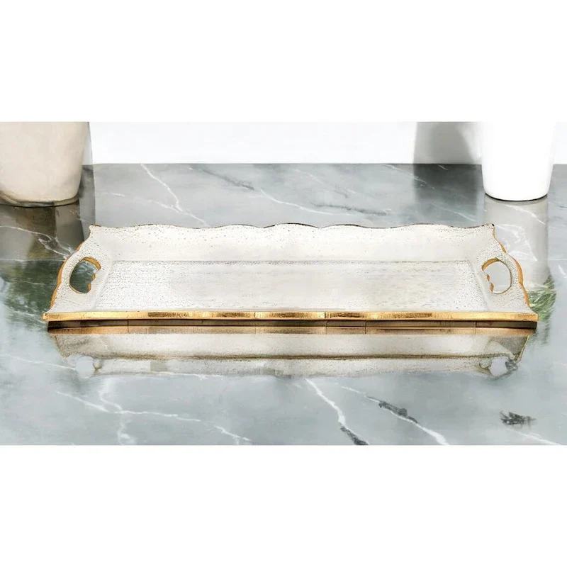 HomeRoots 11  Clear And Gold Seeded Glass Serving Tray With Handles