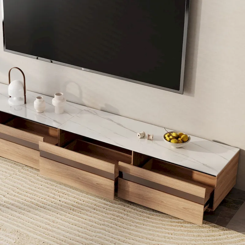 Modern Light Wood TV Stands, Glossy Stone Table-top, 3-6Drawers, Fully Assembled