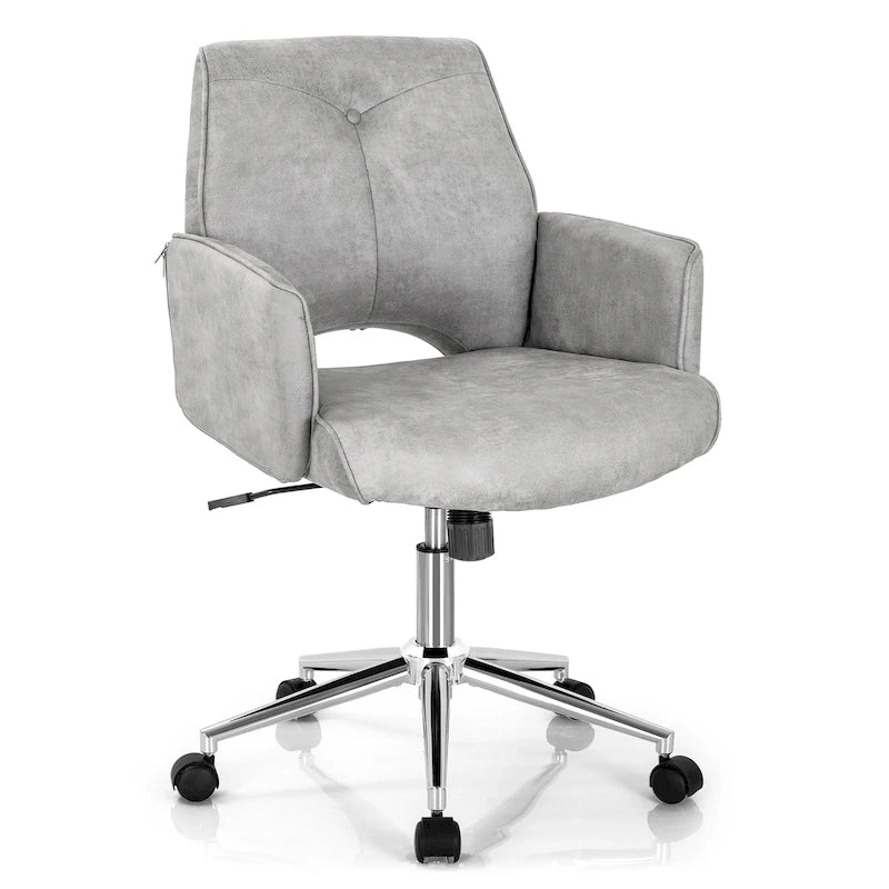 Grey Mid-Back Tufted Faux Leather Office Chair with Adjustable Height & 5-Caster Base