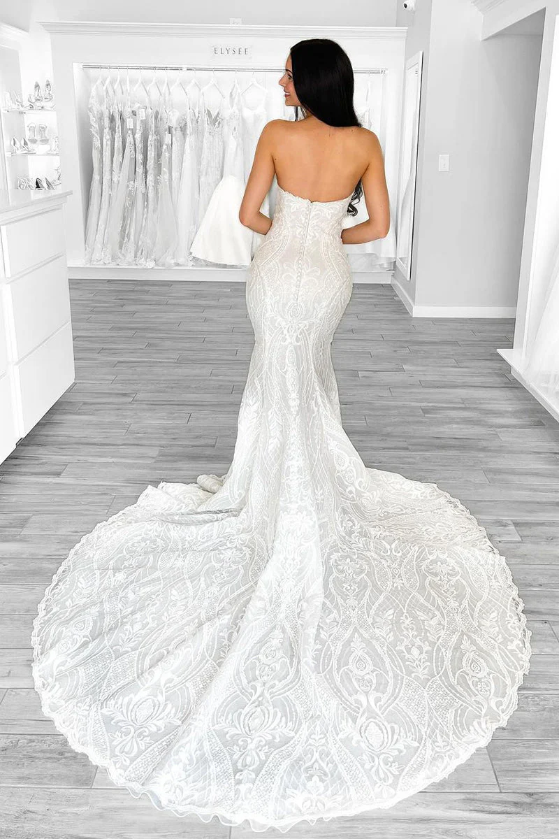 Mermaid Strapless White Lace Wedding Dresses