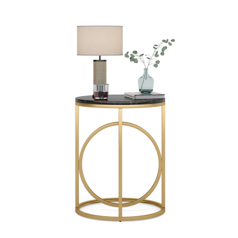 White Marble Round End Table with Gold O-Shaped Base - 20 inch