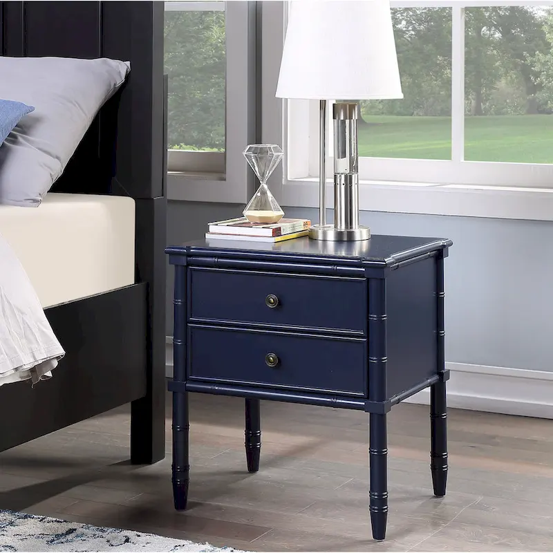2-Drawer Nightstand with Carved Bamboo-Style Legs – Dove Grey / Midnight Blue / White / Vintage Green