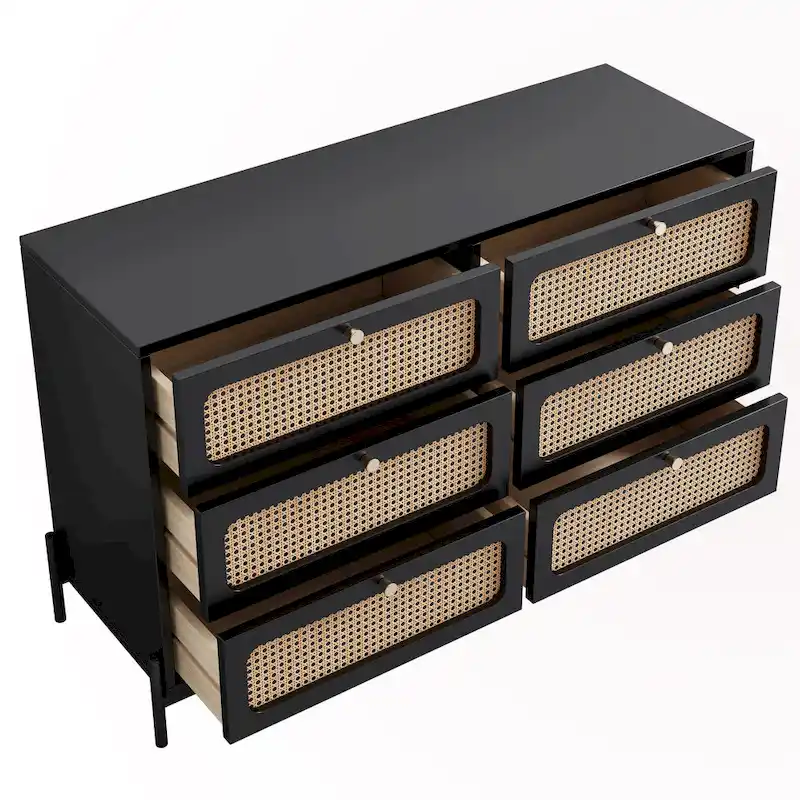6-Drawer Rattan Wood Nightstand