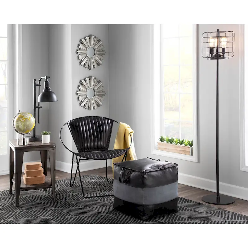 Industrial Pouf Ottoman in Leather and Canvas