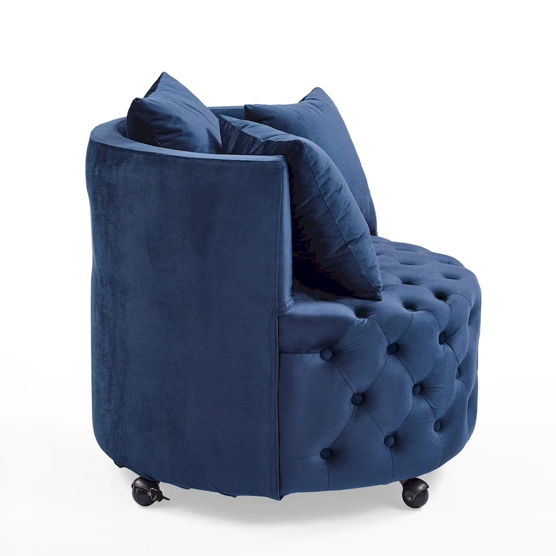 Living Room Velvet Swivel Chair with Button Tufted Design, 3 Pillows & Movable Wheels