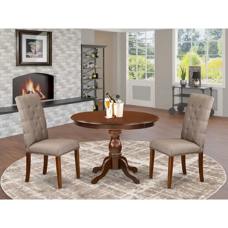 3 Piece Dining Table Set Contains a Round Dining Table and 2 Linen Fabric Parson Chairs, (Finish Options)