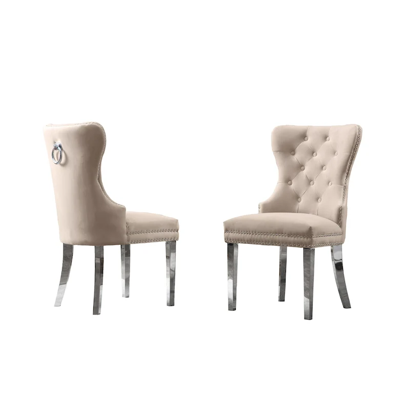 Wingback Button-Tufted Dining Chairs with Nailhead Trim & Steel Frame – Black / Grey / Cream / Navy Blue / White Faux Leather