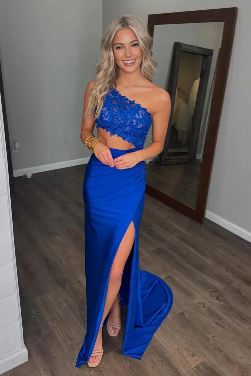 Royal Blue - One Shoulder Sheath Lace Appliqued Prom Dresses With Cutout
