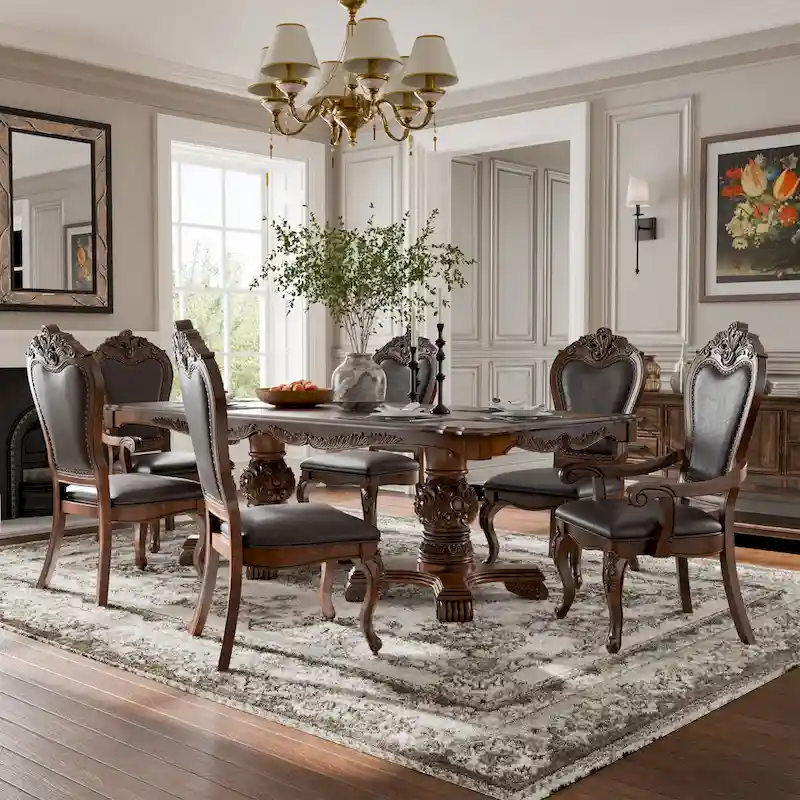 Furniture of America Eugene Traditional Solid Wood 7-Piece Expandable Dining Table Set