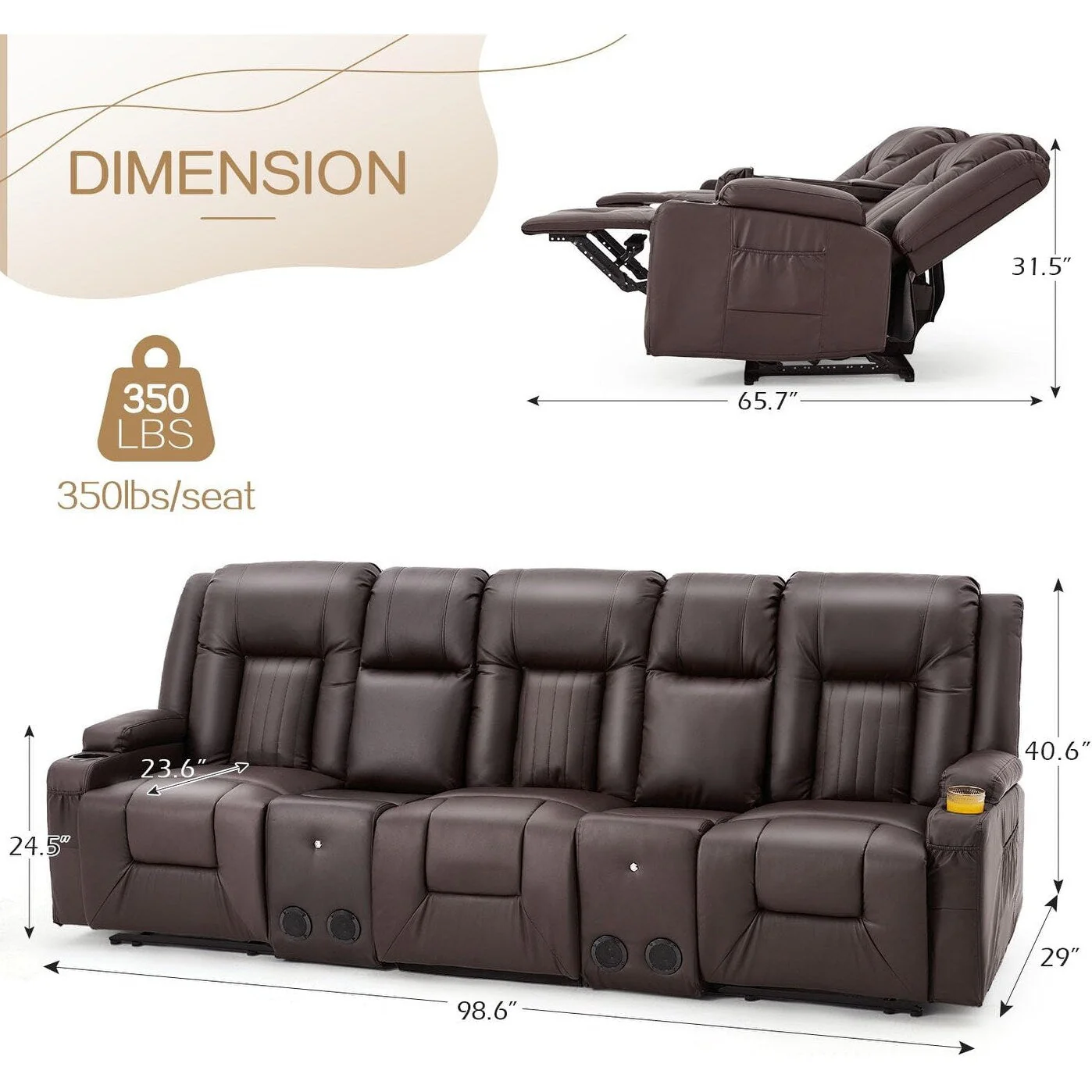 AECOJOY Recliner Sofa Manual RV Reclining Couch PU Home Theater Seating w/ Console