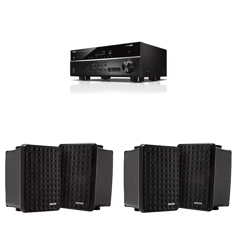 RX-V385 5.1 Channel 4K AV Receiver w/ ( 2 Pair ) Kicker KB6B 2-Way Full Range Indoor Outdoor Speakers (Pair) Weatherproof Speakers for Patio Garage...