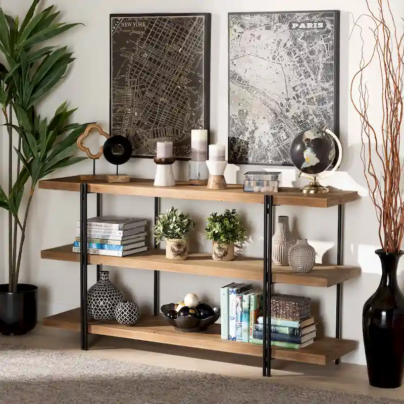 Brown Finished Wood and Black Finished Metal Console Table