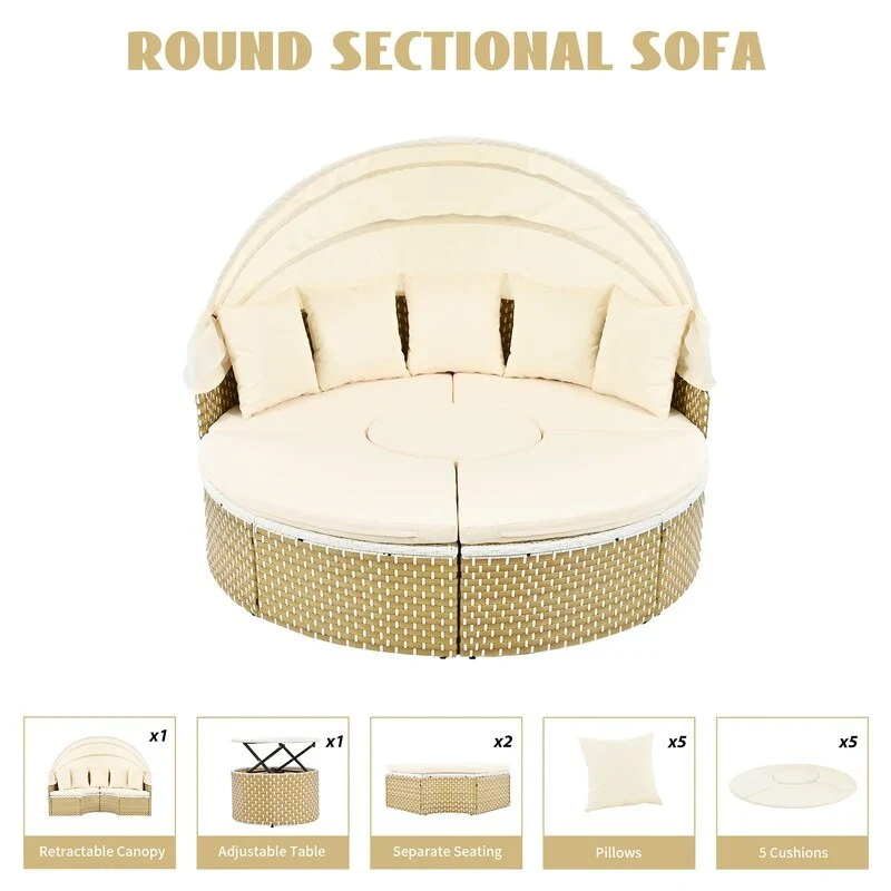 Round Patio Sectional Sofa Set  Two-Tone Rattan Daybed with Retractable Canopy & Modular Seating