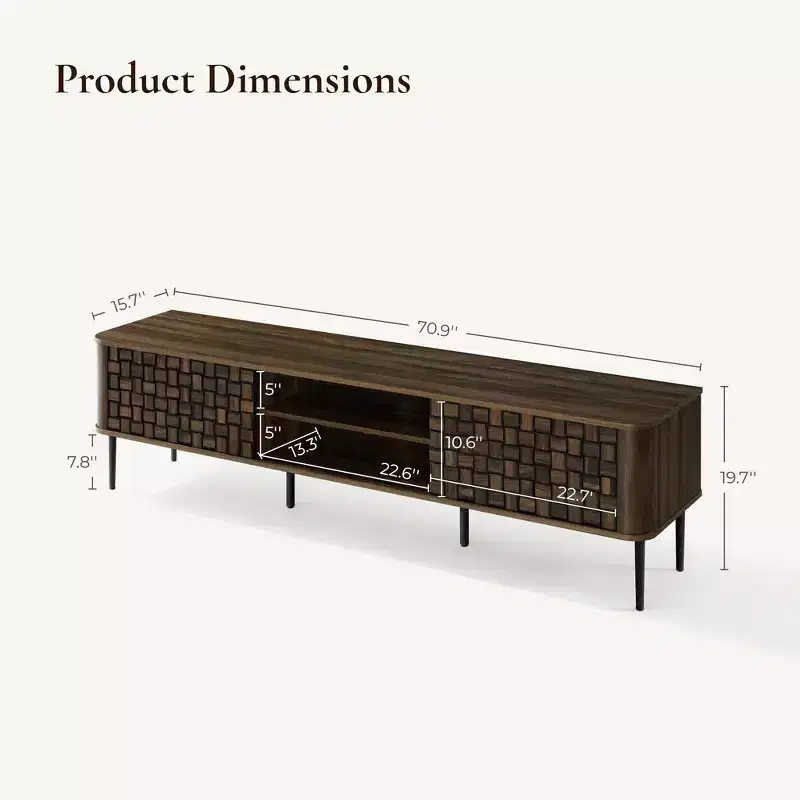 LuxenHome 71 Modern TV Stand for TVs up to 75, Brown Wood Media Console with Basket-Weave Sliding Doors