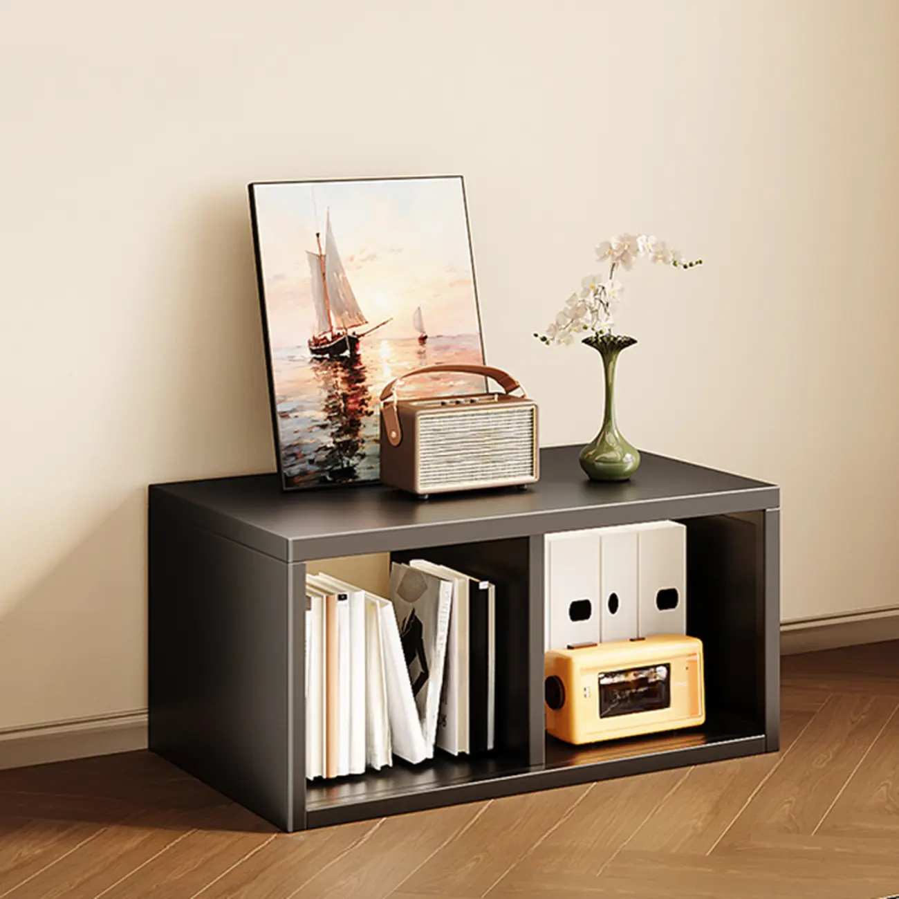 Modern Steel Cube Bookcase with Fabric Bins