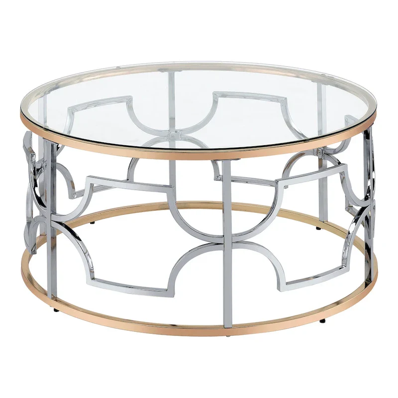 Ders Glam Chrome and Gold Plating Tempered Glass Top 3-Piece Coffee Table Set by Furniture of America