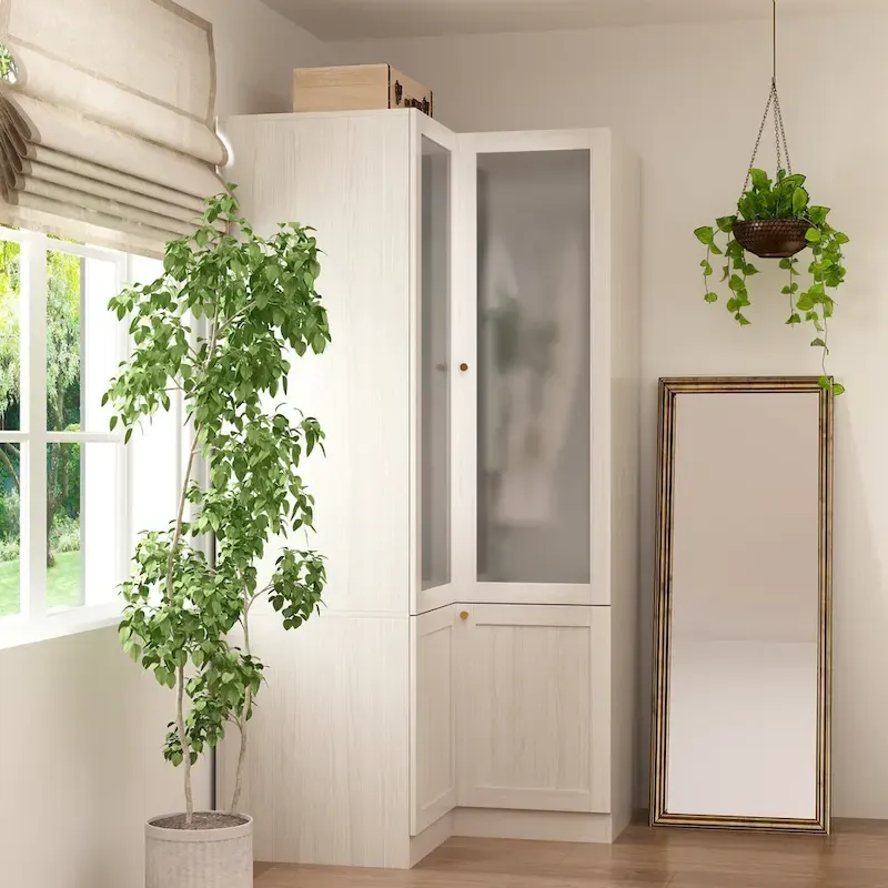 Large Frosted Glass Wardrobe with Soft-Close Hinges | MDF Construction | Light Gray Wood Grain | Gold Handles | Customizable Walk-In Closet