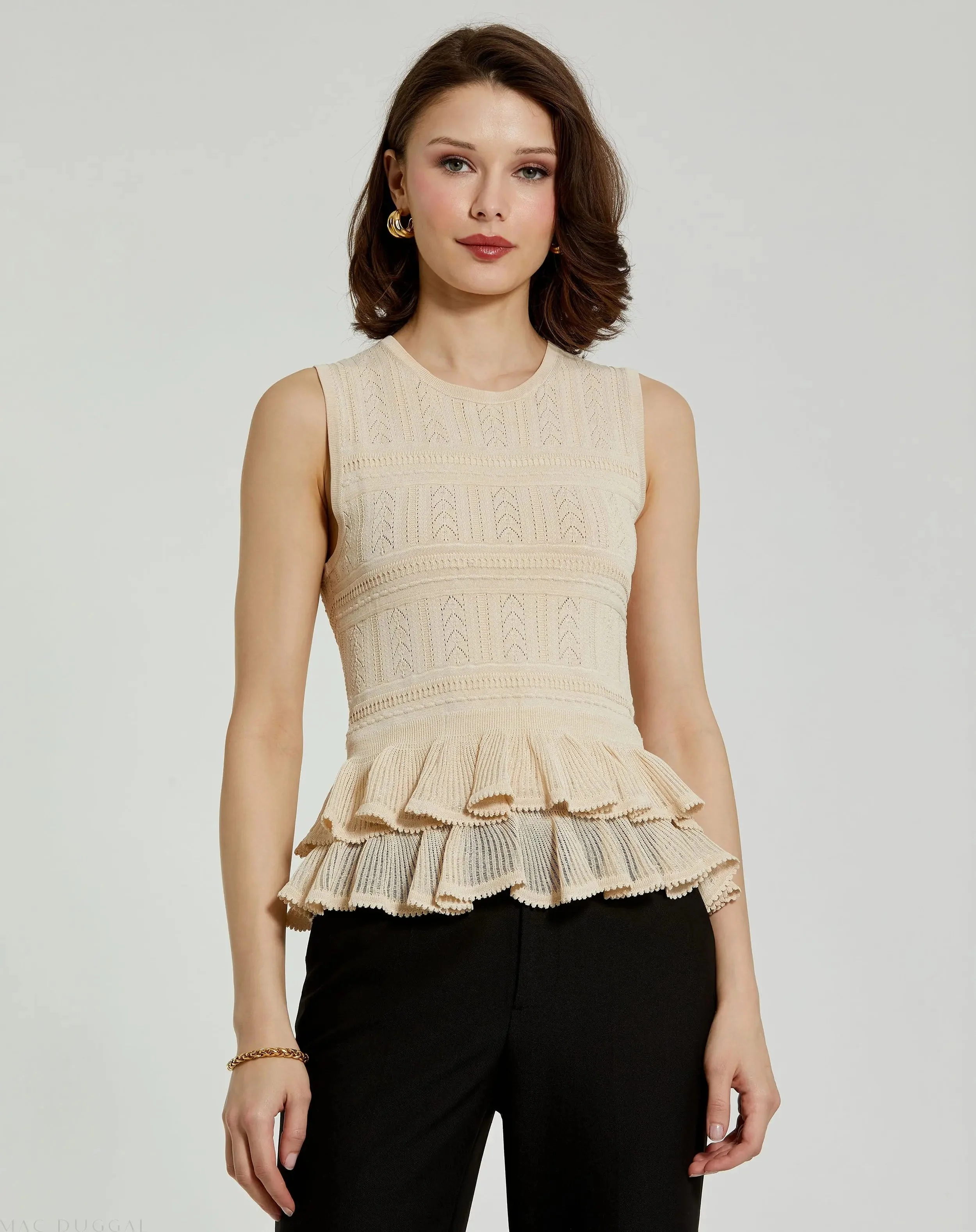 Beige Sleeveless High Neck Knit Top With Ruffle Hem