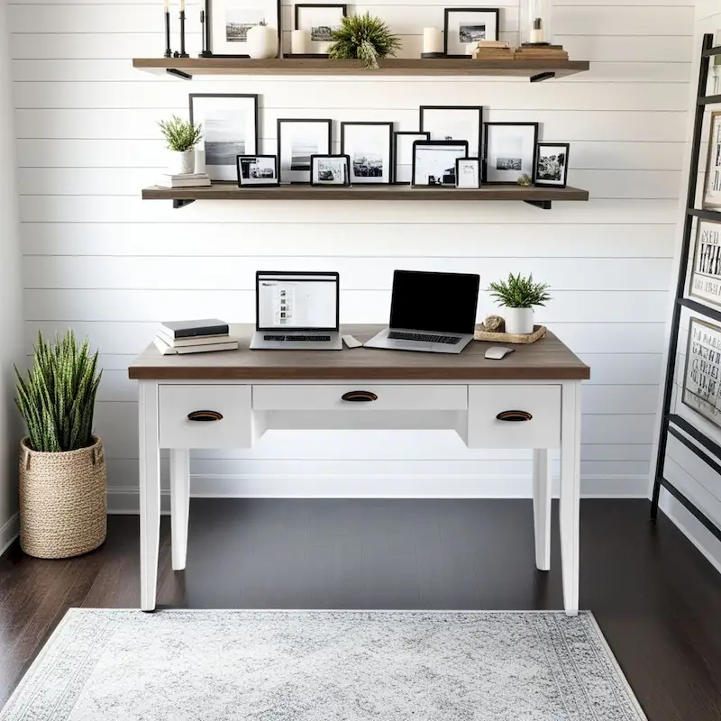 Jasmine Whitewash / Sage Green / Black Two-Tone Farmhouse Writing Desk with 3 Drawers – 53