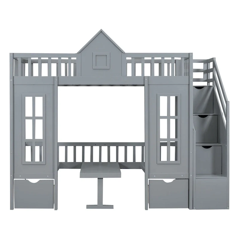 Gray Twin-Over-Twin Bunk Bed with Convertible Desk