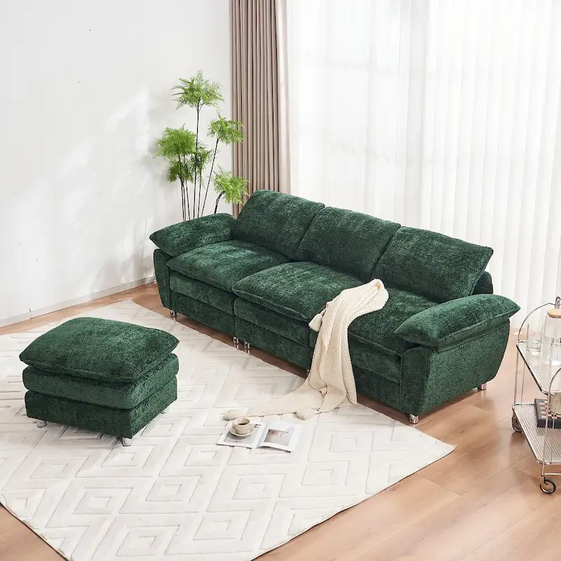 Modern Deep 3-Seat Sofa Couch with Ottoman